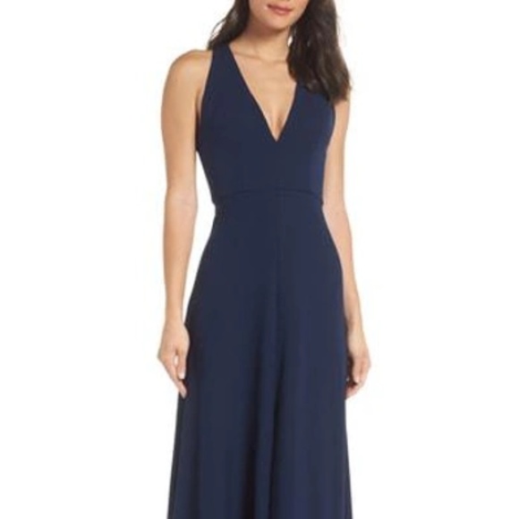 Jenny Yoo Margot V-neck Knit Crepe Gown In Midnight - Picture 1 of 3